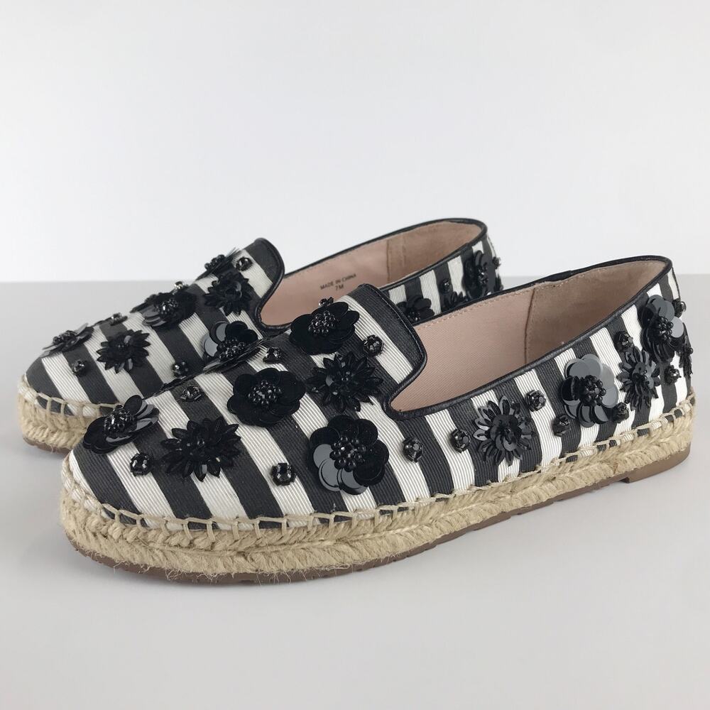Kate Spade Leigh Black White Stripe Floral Embellished Espadrille Loafer Size 7